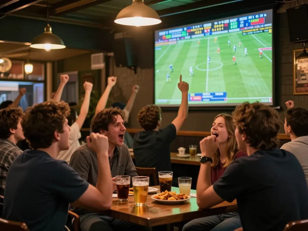 Betting on Trực tiếp bóng đá at lively sports bar, fans engaged and cheering.