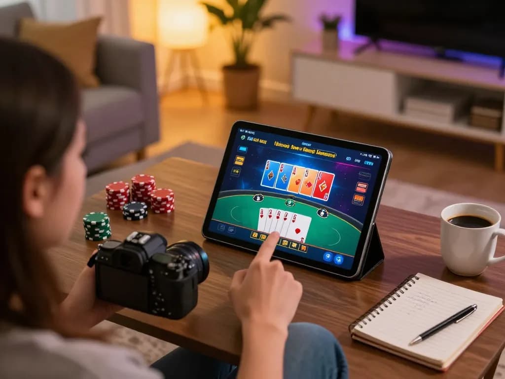 Engaged player enjoying non gamstop casinos on a tablet while surrounded by cozy home decor.
