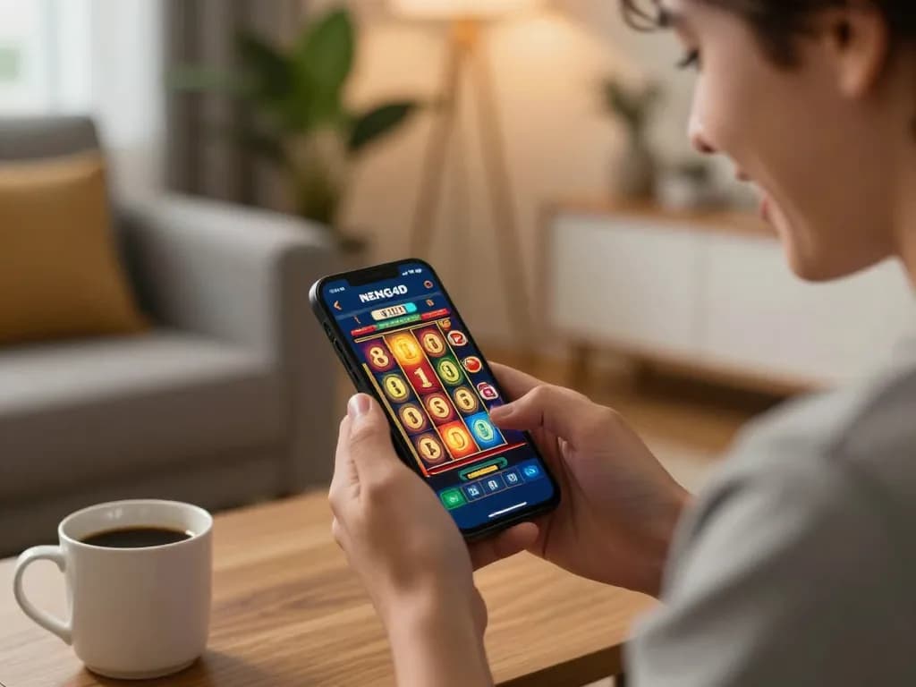 NENG4D player enjoying an exciting slot game on their smartphone in a cozy home setting.