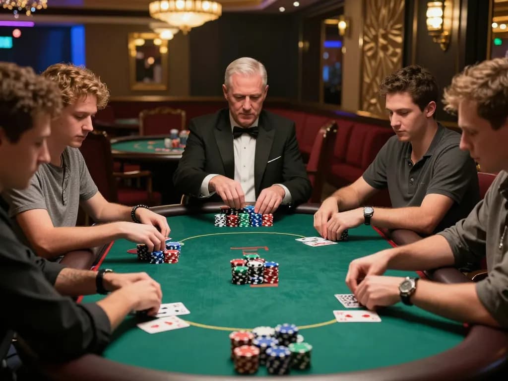Pemain yang merencanakan strategi selama permainan poker intens di kasino, menunjukkan aksi jus77 dalam suasana yang penuh warna.
