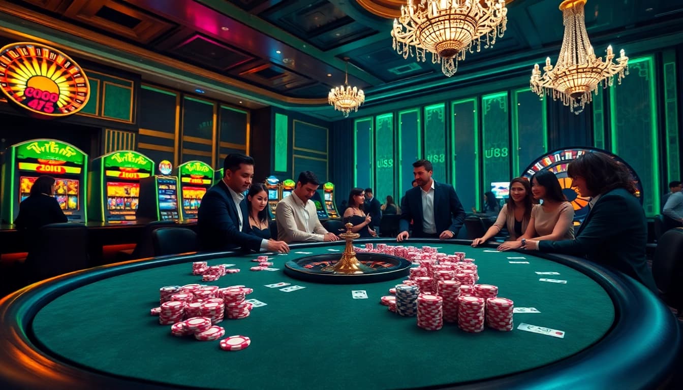 Exciting casino gaming at uu88 with vibrant slot machines and poker tables.