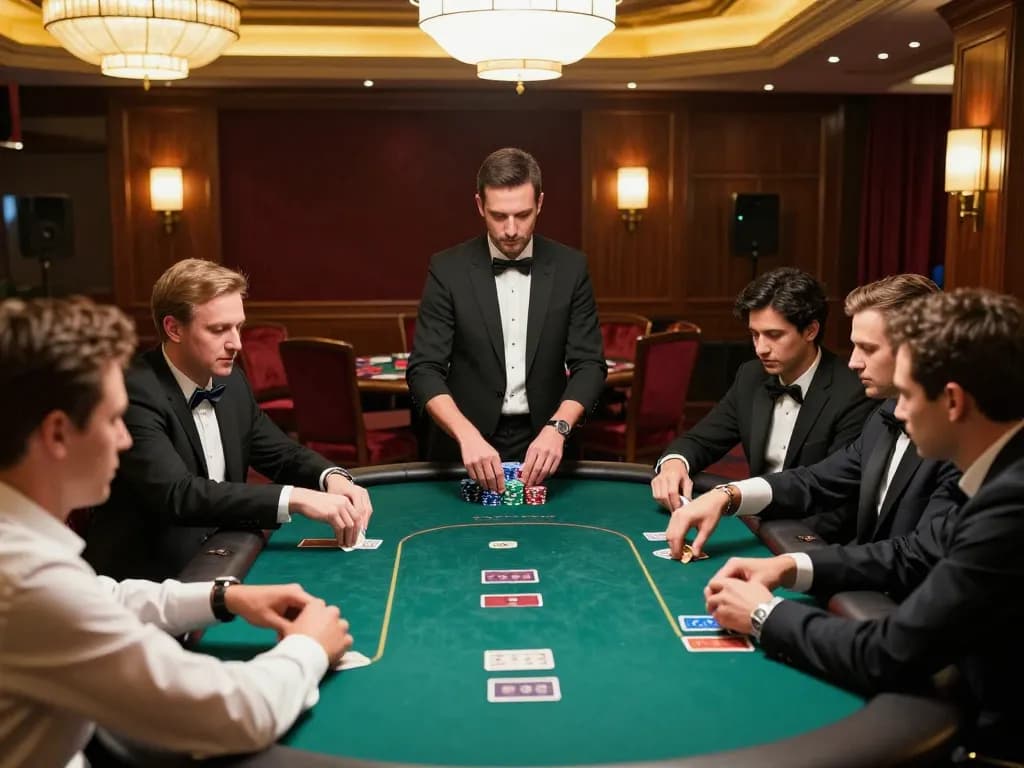 Watch players engage in strategic gameplay at CM88 poker table with ambient casino lighting