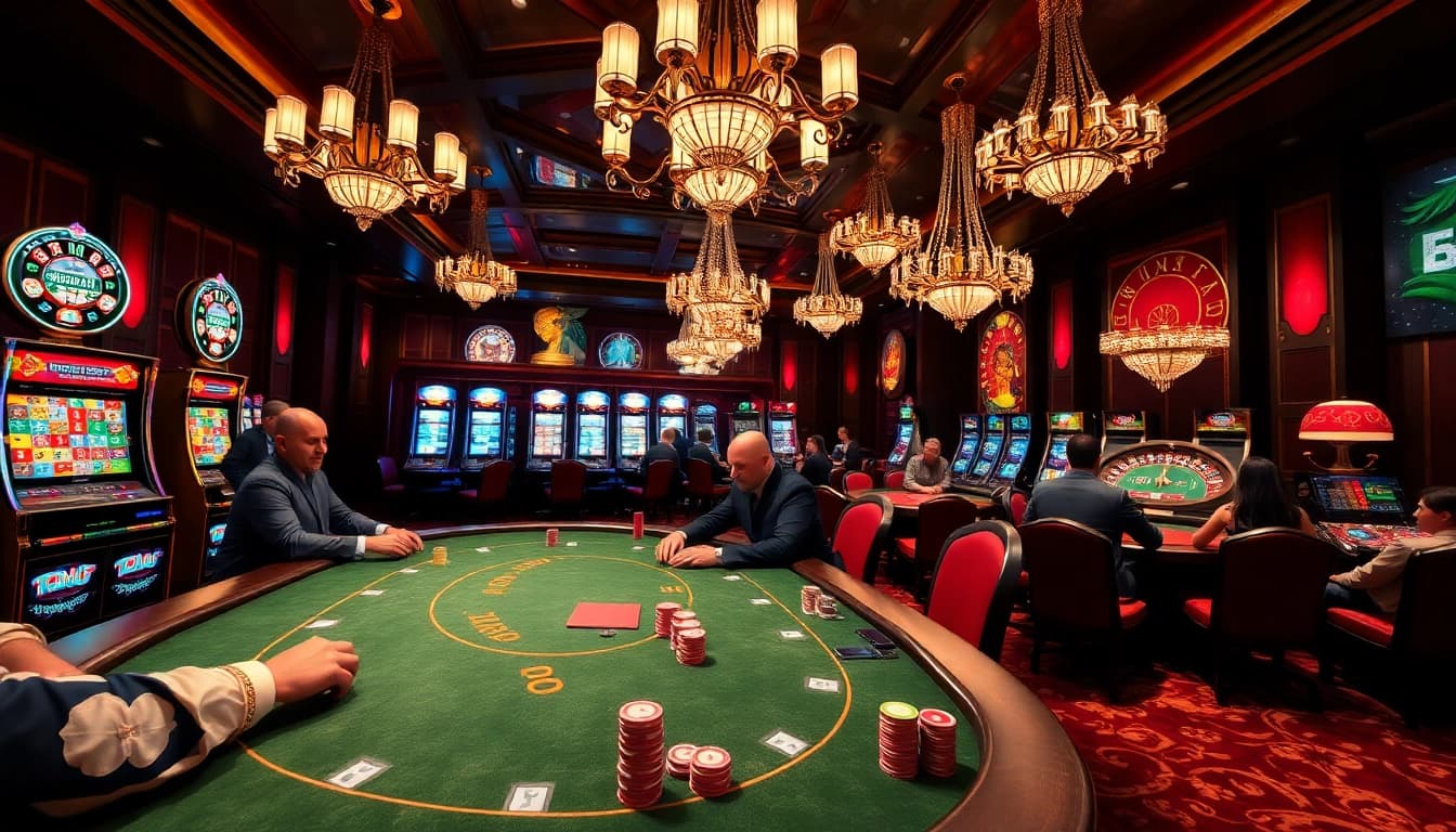 Tense poker gameplay in a luxury casino showcasing the excitement of https://tg88co.com/ with colorful slot machines.