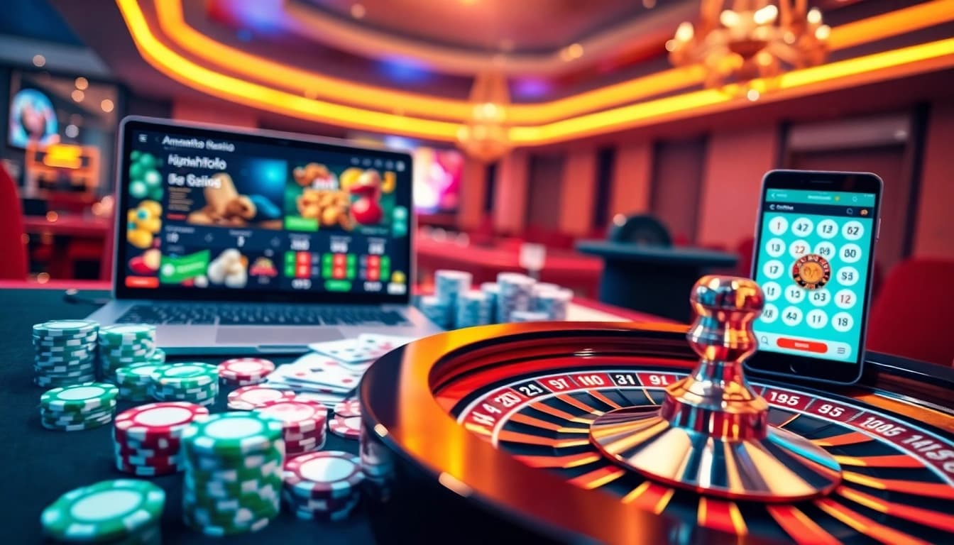 Experience thrilling gambling with amanahtoto at a vibrant casino table filled with poker chips and cards.