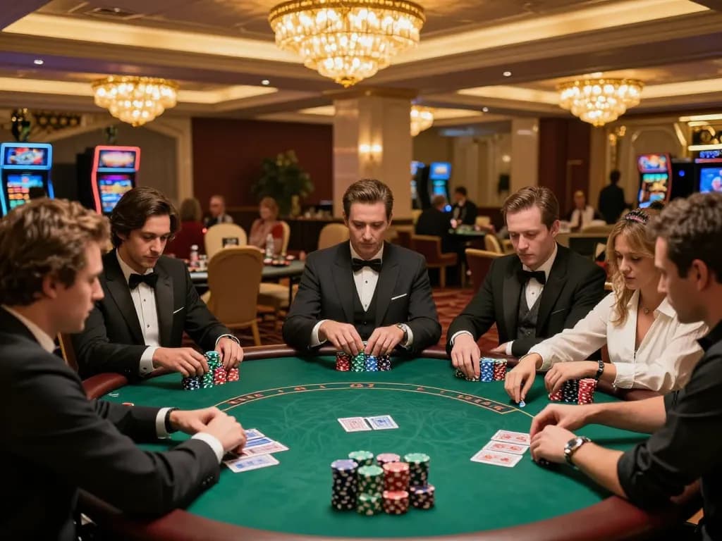 Players enjoy poker in a high-end casino setting, experiencing official botanicabali gaming atmosphere