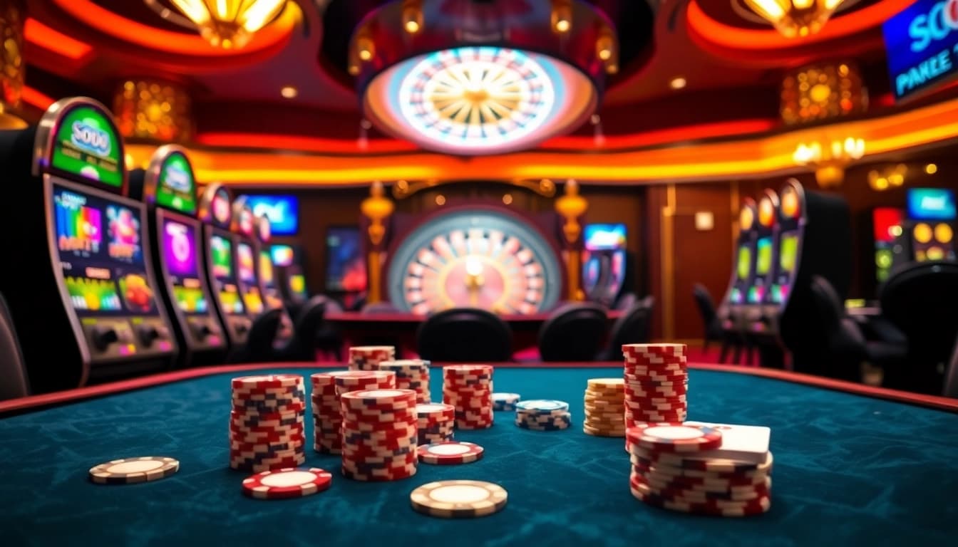 SODO casino scene with poker players and vibrant slot machines amidst luxury decor
