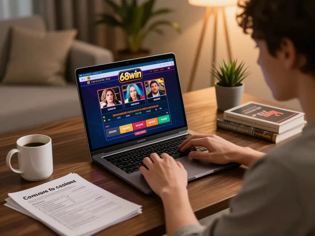Player engaging with the 68win online casino interface on laptop, showcasing strategic gaming environment