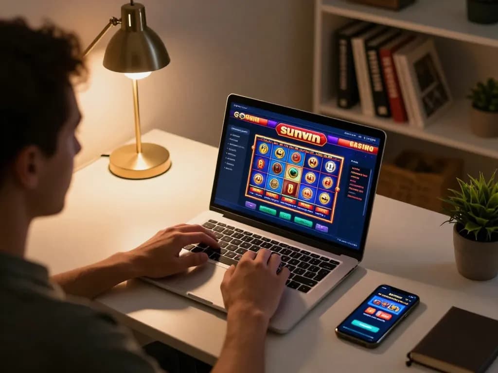 Engaging gaming moment showcasing a player using the sunwin app on a laptop, with vibrant slot game interface visible.