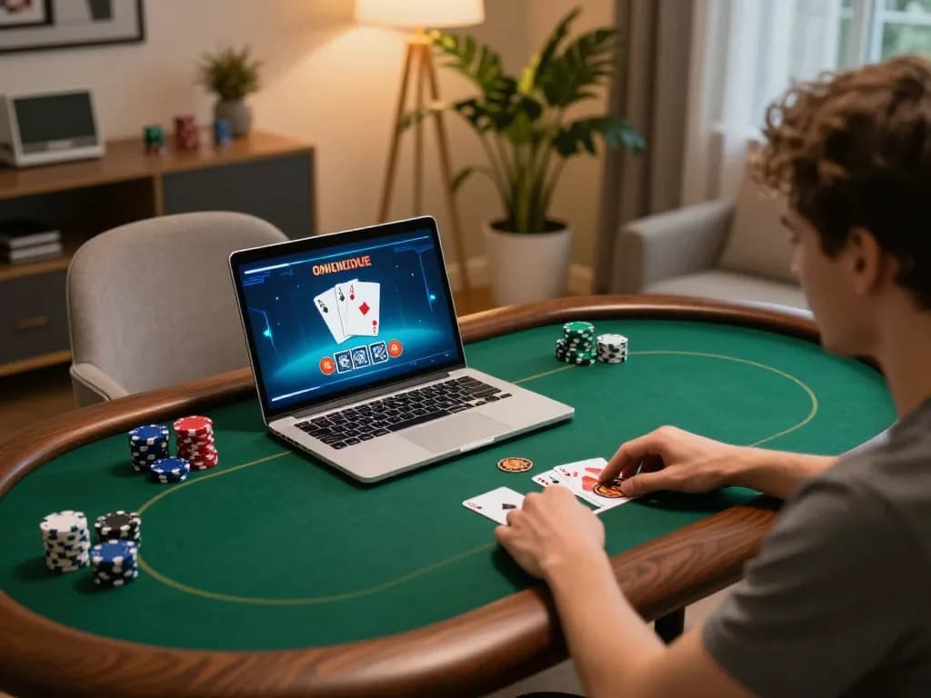 Engaging gameplay at https://tr88k.com/ on a laptop in a cozy home environment, showcasing strategic poker skills and a comfortable space.
