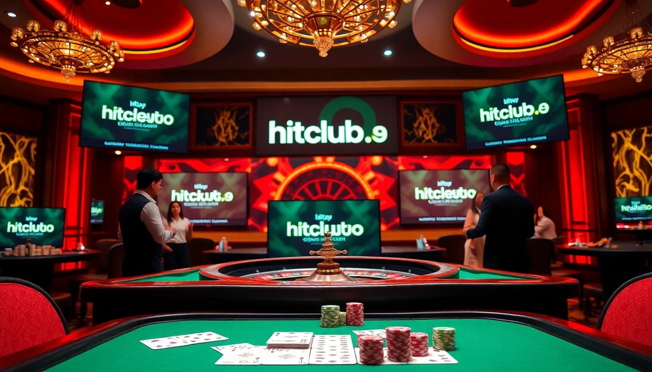 Experience the thrill of online gambling at https://hitclub9.us.com/, featuring a luxurious poker table surrounded by players.