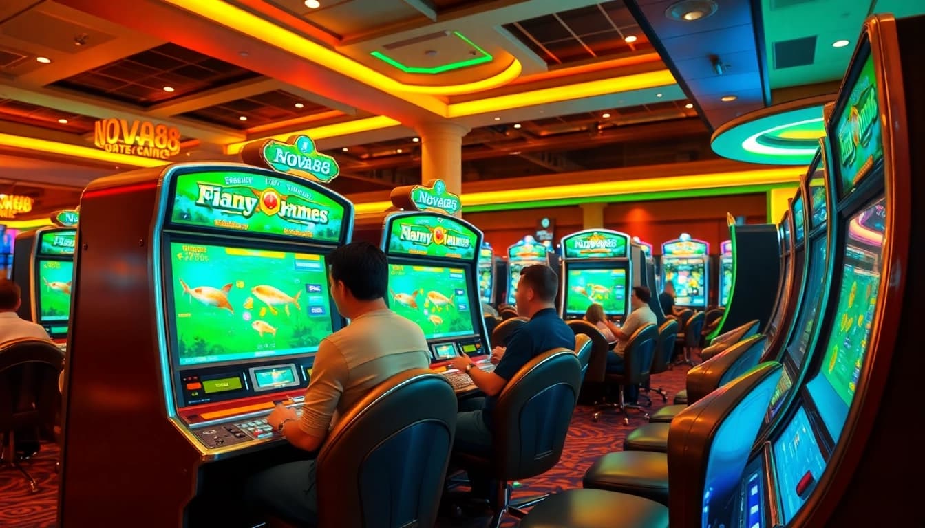 Engaging in Nova88 fishing games at a lively casino environment highlighting colorful gaming machines.