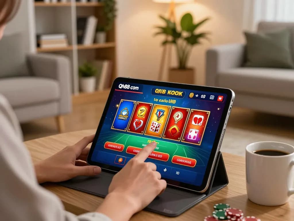 Engaged player using Qh88 com tablet for online casino gaming in cozy home atmosphere.