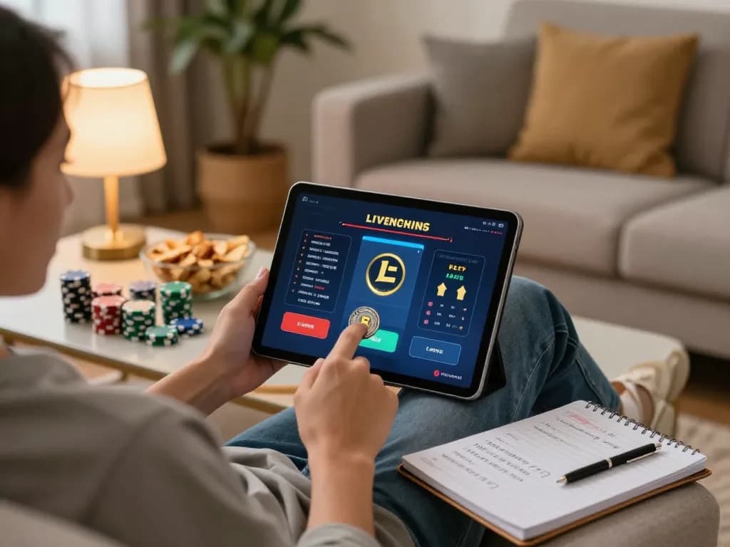 Engage and play with litecoin at home with cozy online casino setup, betting on a tablet while relaxing.