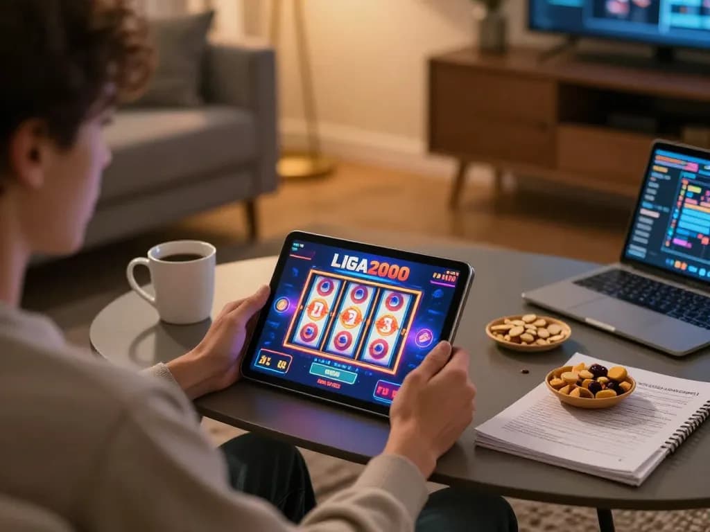 LIGA2000 online gaming session in a cozy home setting with engaging visuals.