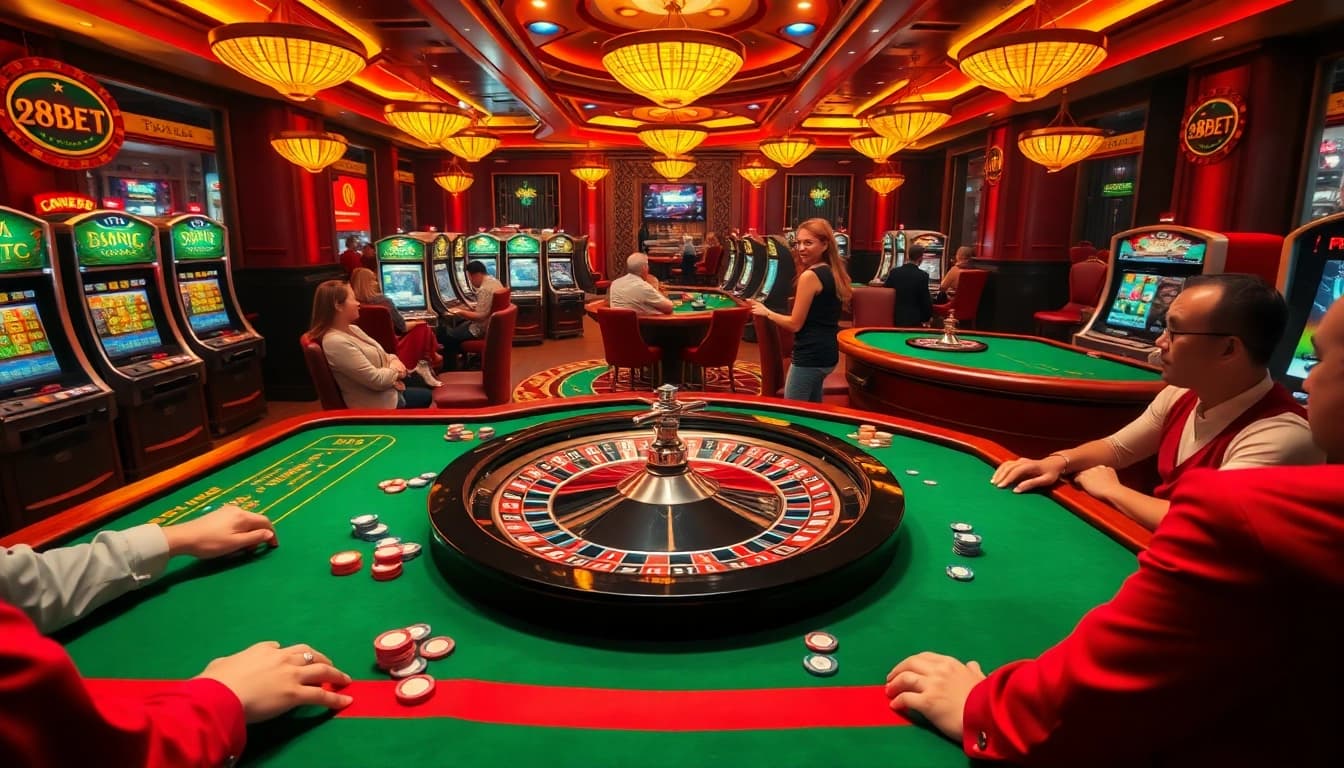 Experience the exciting atmosphere of nhà cái 28bet with luxury casino tables and vibrant slot machines.