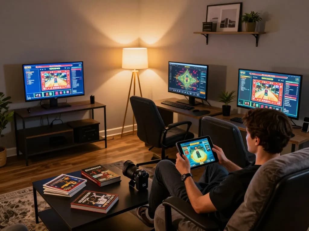 Orang yang menikmati permainan online BIOSKOP69 di tablet dalam pengaturan permainan yang nyaman, menggambarkan perjudian santai.