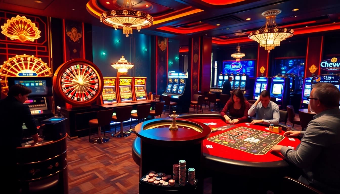 Experience the thrilling casino atmosphere at 13win, featuring a luxurious roulette wheel and eager players.