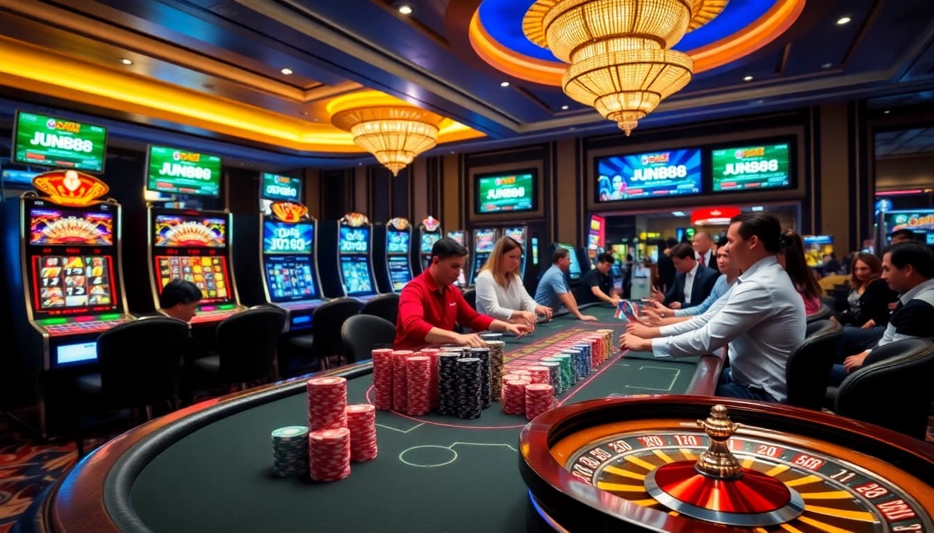 Players enjoying a thrilling game at Jun88 casino table with colorful chips and a lively atmosphere.