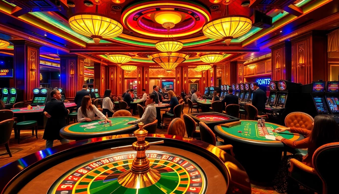SODO Casino offers an exhilarating gaming experience with players enjoying poker and roulette under dazzling lights.