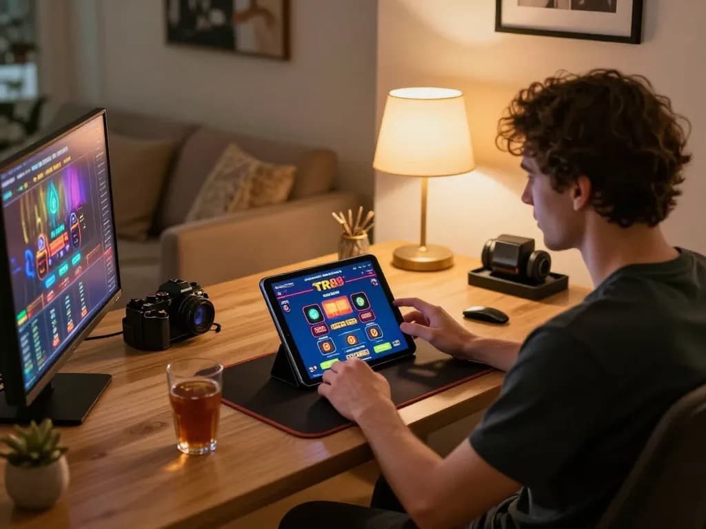 Enjoying online gaming at home with TR88, showcasing an engaging tablet interface and cozy ambiance.