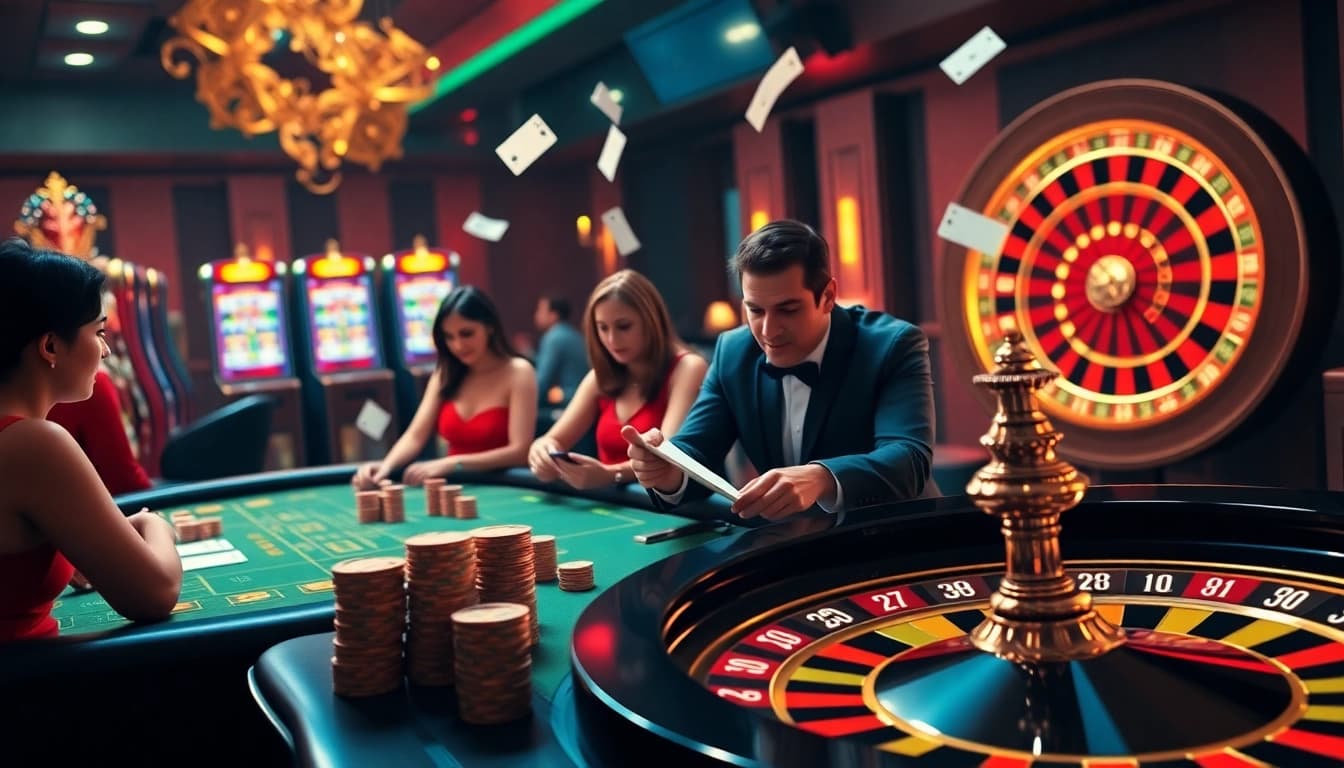 Engage with u88 bet at a luxurious online casino featuring poker tables, roulette, and vibrant slot machines.