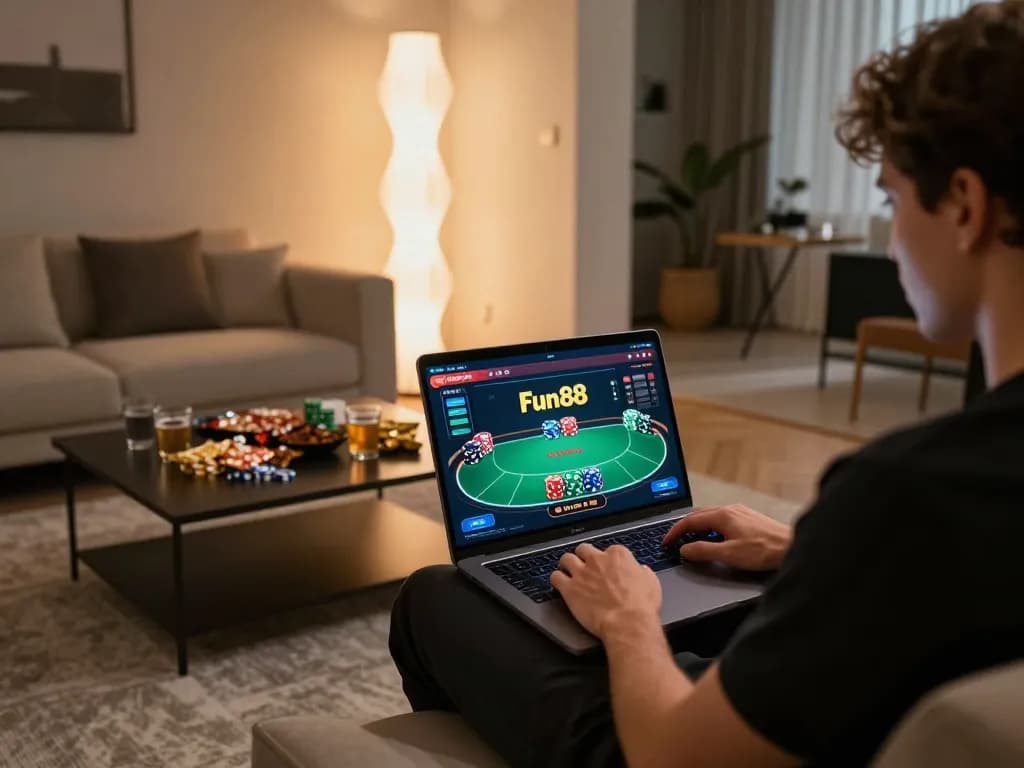 Engaging in Fun88 online poker gaming from a cozy home setup with warm lighting