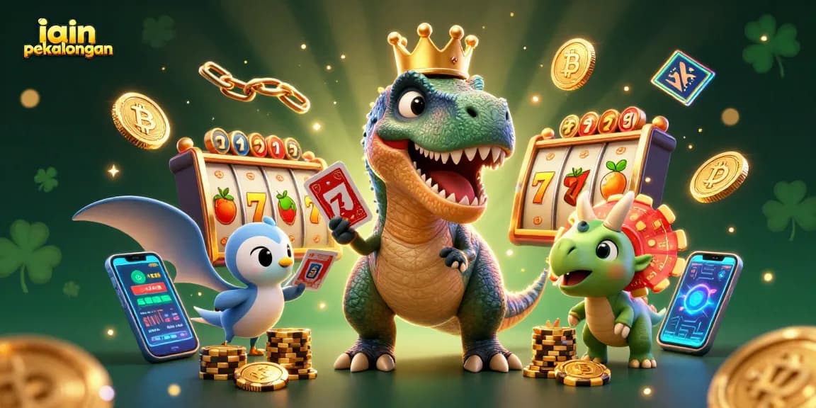 Experience exciting gaming with iain pekalongan where a T-Rex shuffles cards amid vibrant casino elements.