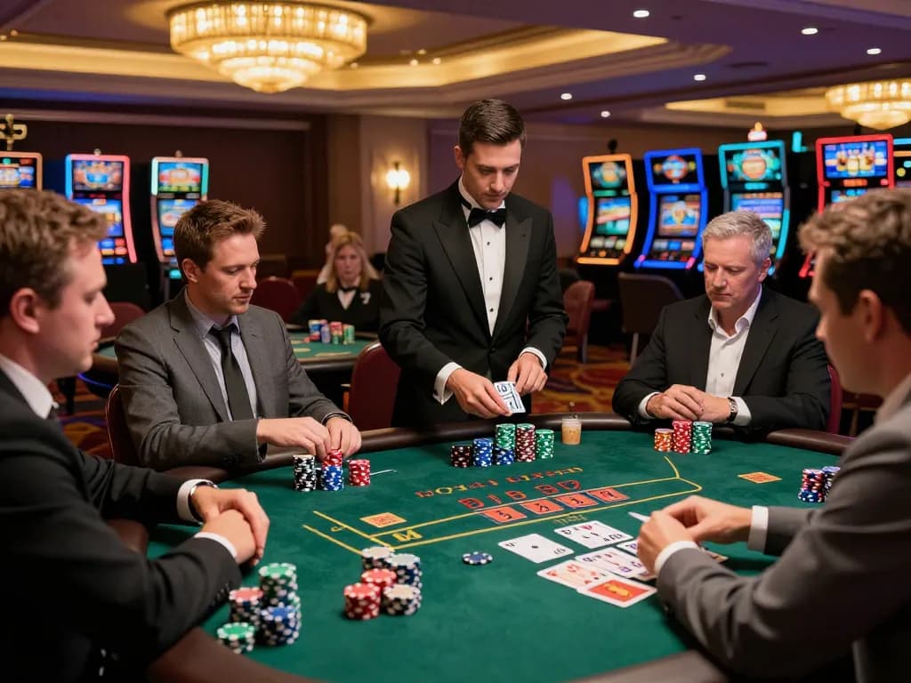 Pemain yang terlibat di meja blackjack di kasino yang meriah, menunjukkan kegembiraan perjudian di https://www.theshackok.com/.