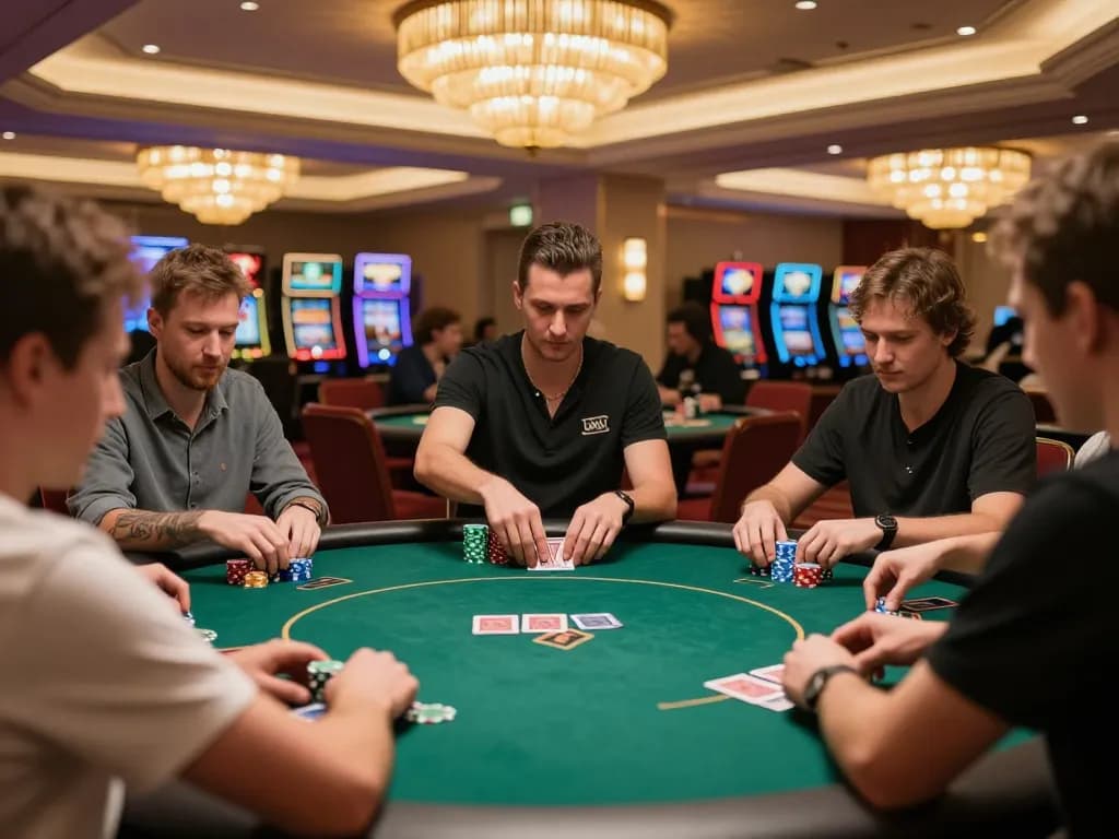 Players enjoying an intense poker game at nk88's upscale casino with warm lighting and vibrant atmosphere