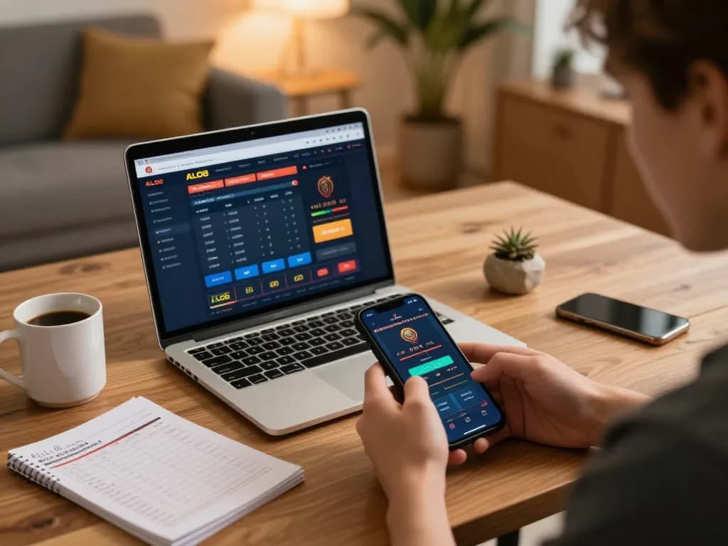 Player engaging with the ALO8 betting platform on their smartphone in a cozy home setting.