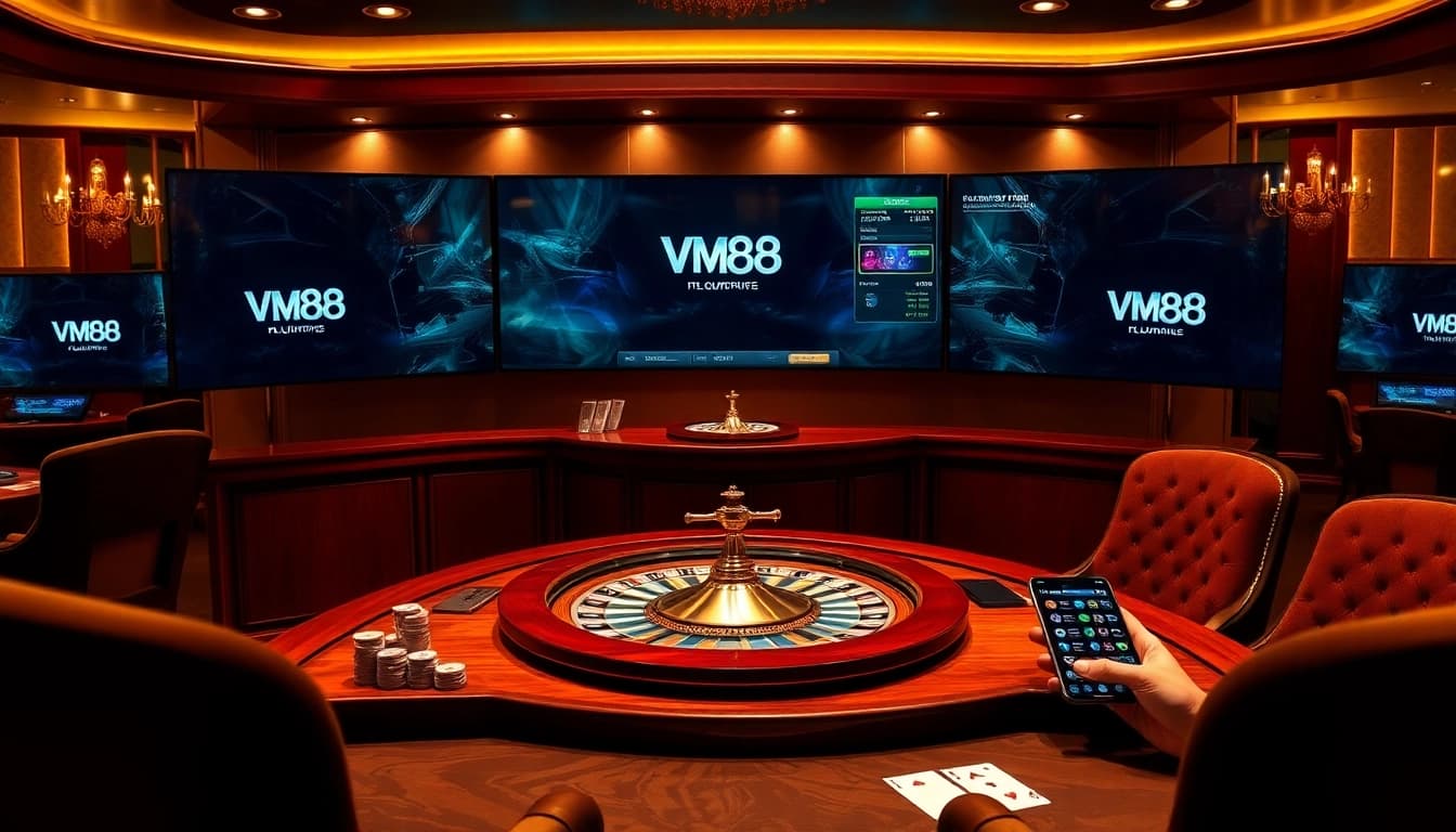 VM88 professional gambler placing strategic bets with poker chips and live casino interface