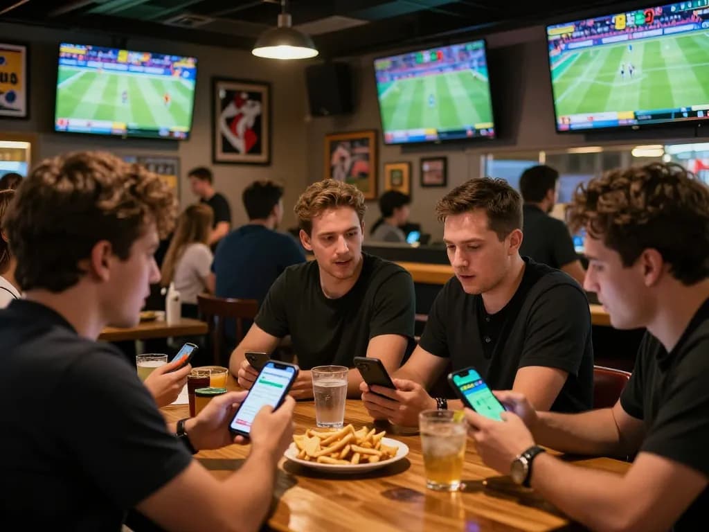 Sbobet app users placing bets at a lively sports bar, capturing the excitement of live betting.