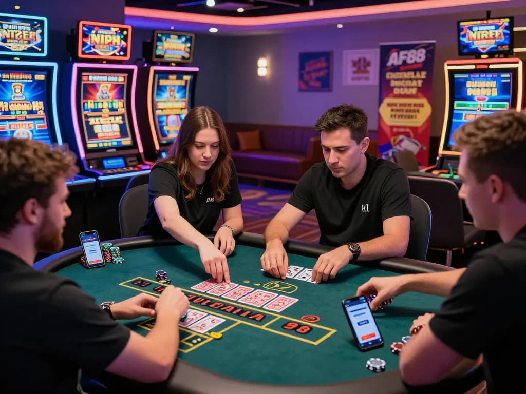 Exciting players engaging with AF88 bet live dealer casino games in a vibrant ambiance.
