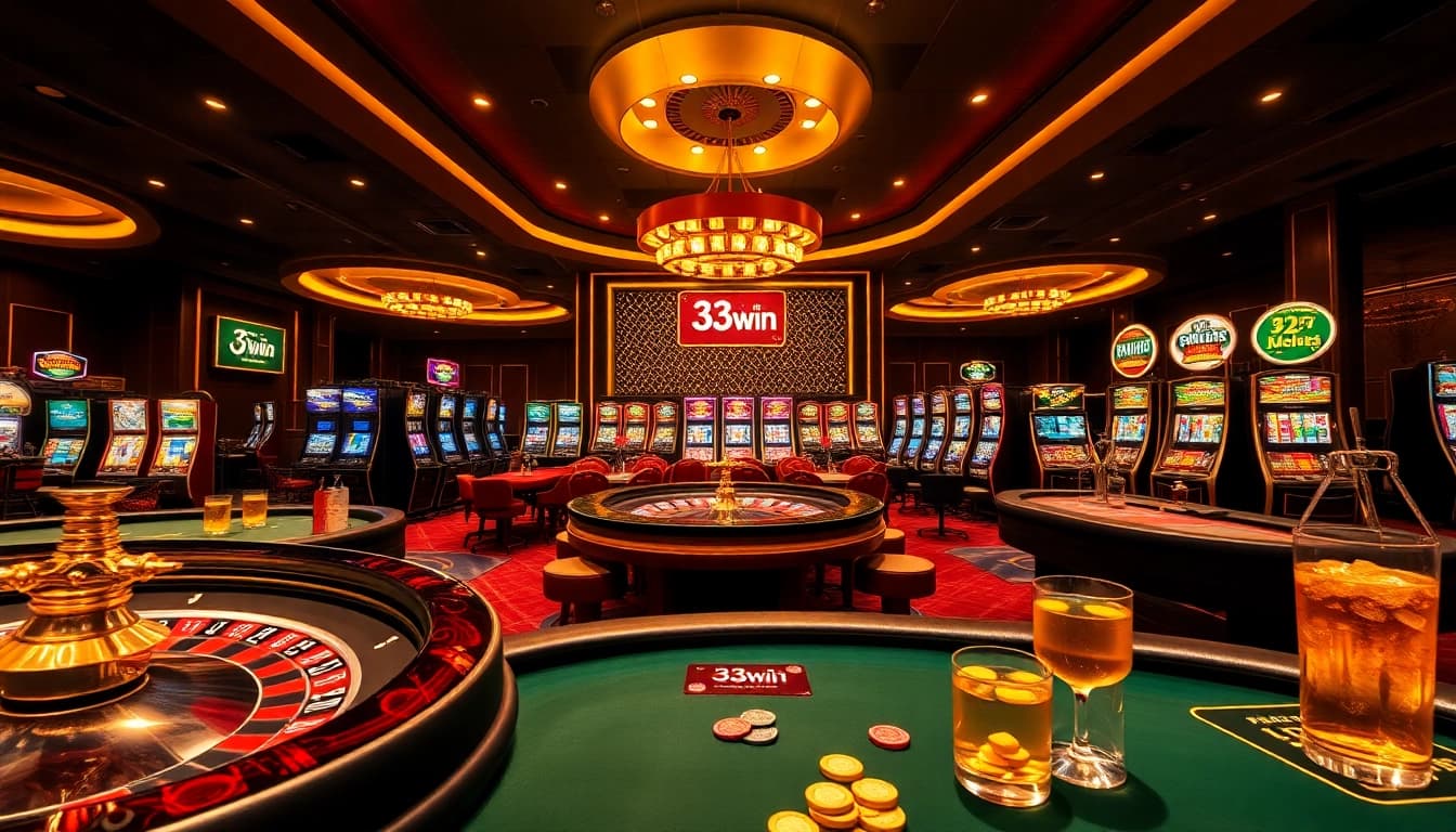 Players enjoying gaming excitement at 33win casino with roulette and slot machines.