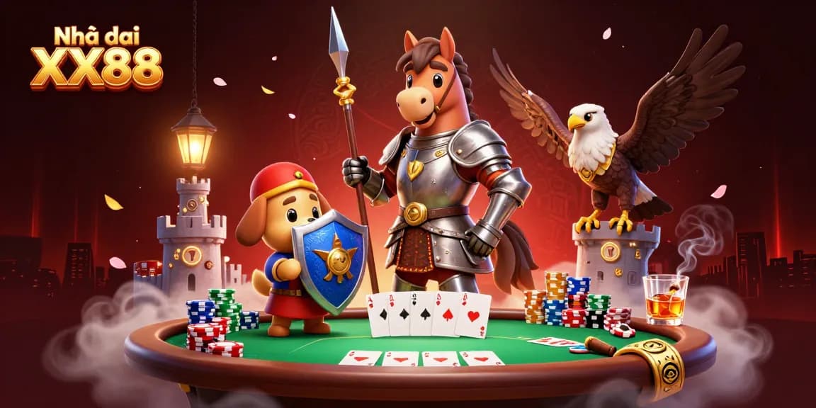 Engage with Nhà cái XX88 at a lively casino scene featuring poker and captivating characters.