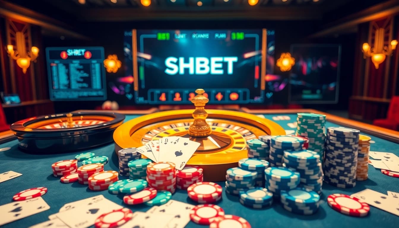 Experience SHBET's thrilling casino table with poker chips and roulette in a vibrant setting.