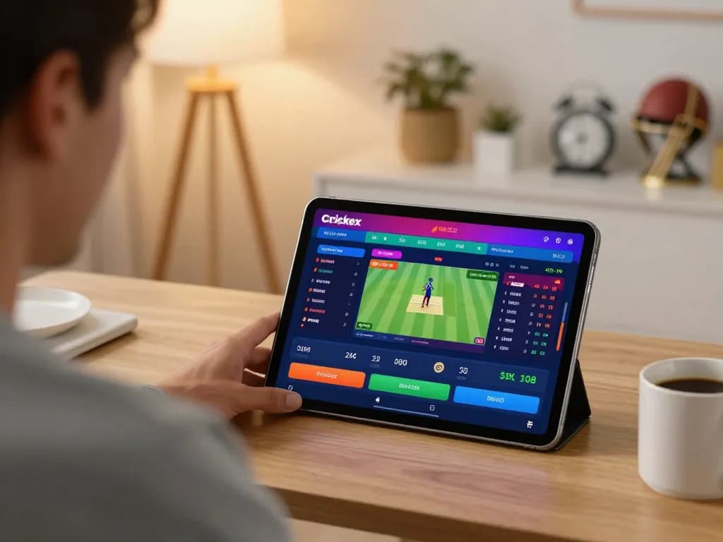 Engaging in cricket betting on https://crickex.fit/ tablet, capturing live odds in cozy home office.