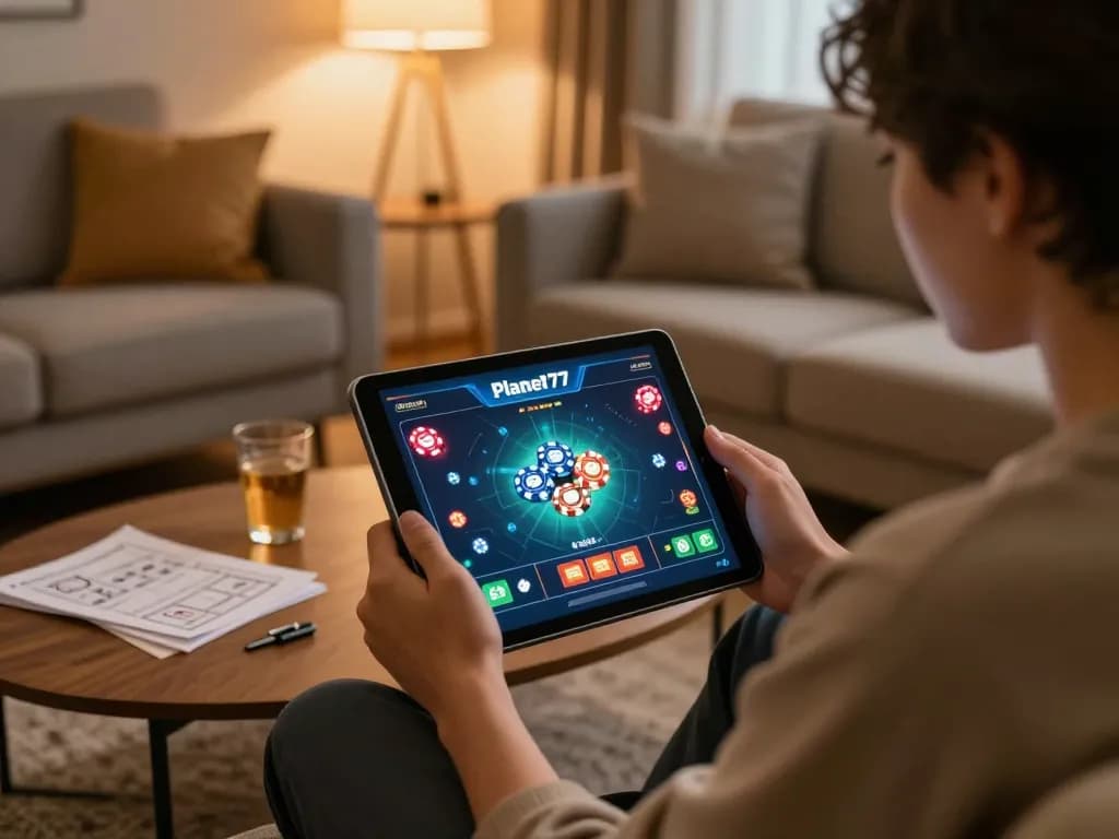 Permainan menarik di aplikasi Planet77 yang menampilkan aksi kasino online di lingkungan rumah yang nyaman.