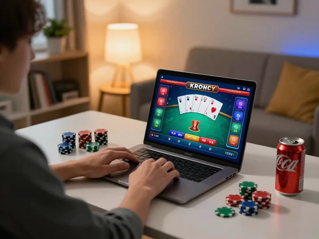 Person engaging with online poker at home, highlighting interactive gameplay linked to transcrime.