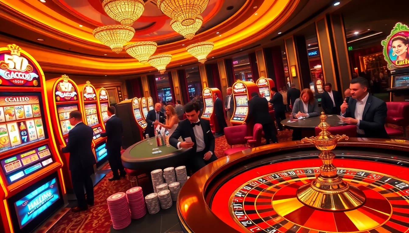 Experience Slot Gacor excitement with vibrant machines and high-stakes players in a luxurious casino.