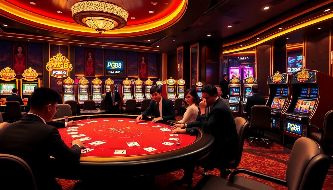 Experience pg88 excitement at a luxurious casino with poker tables and vibrant slot machines.