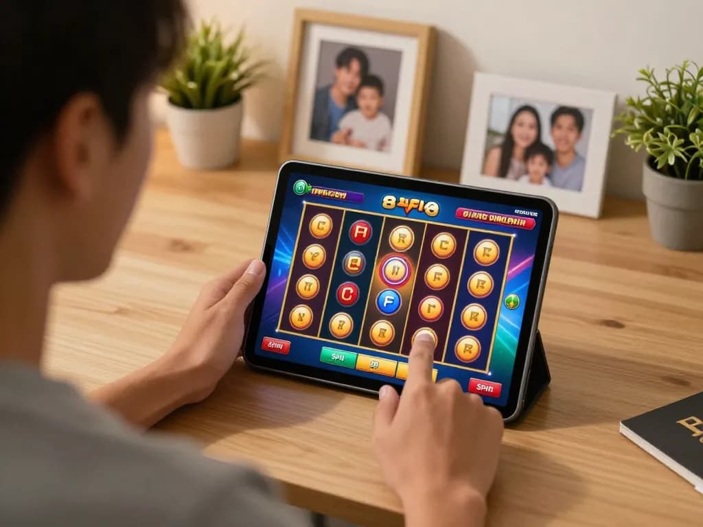 Pemain menikmati permainan slot dalam talian malaysia di tablet di rumah, gelendong berwarna-warni berputar