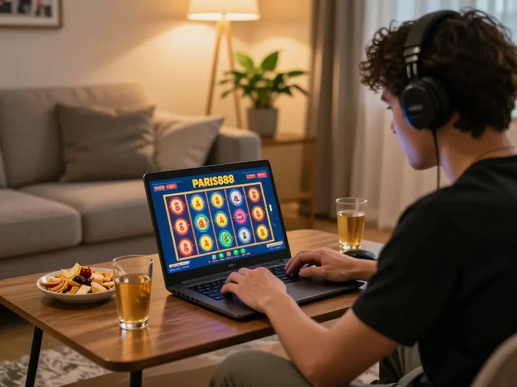 Play the paris888 slot game on a laptop in a cozy home setting, showcasing engaging online gambling.