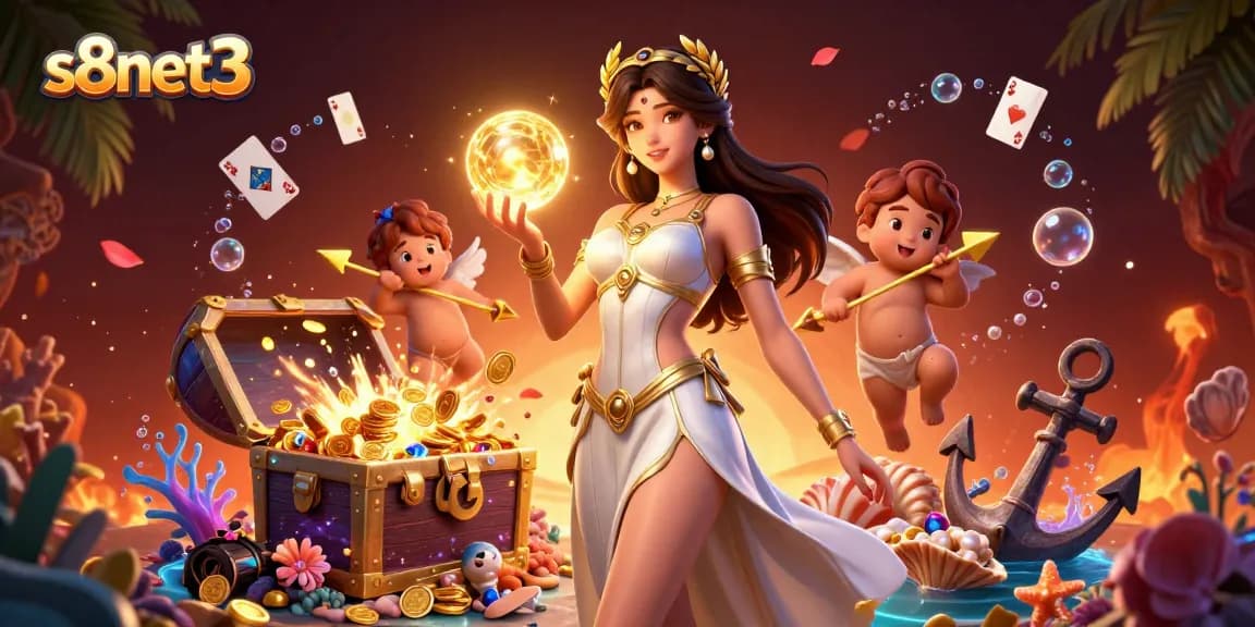S8net3 brings the excitement of online gaming with a glowing goddess and playful cherubs amidst treasures and fun.