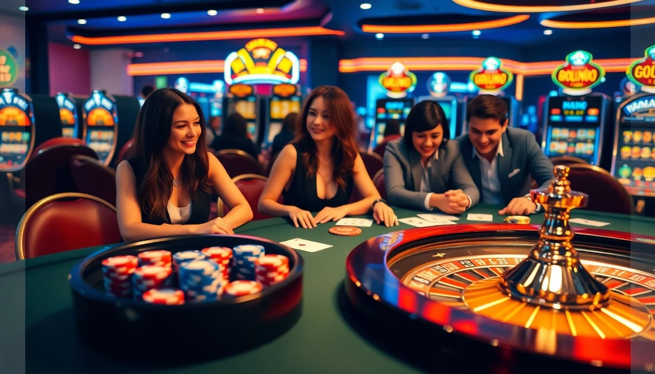 A thrilling gaming experience at kuwin casino featuring vibrant poker chips, cards, and a roulette wheel.