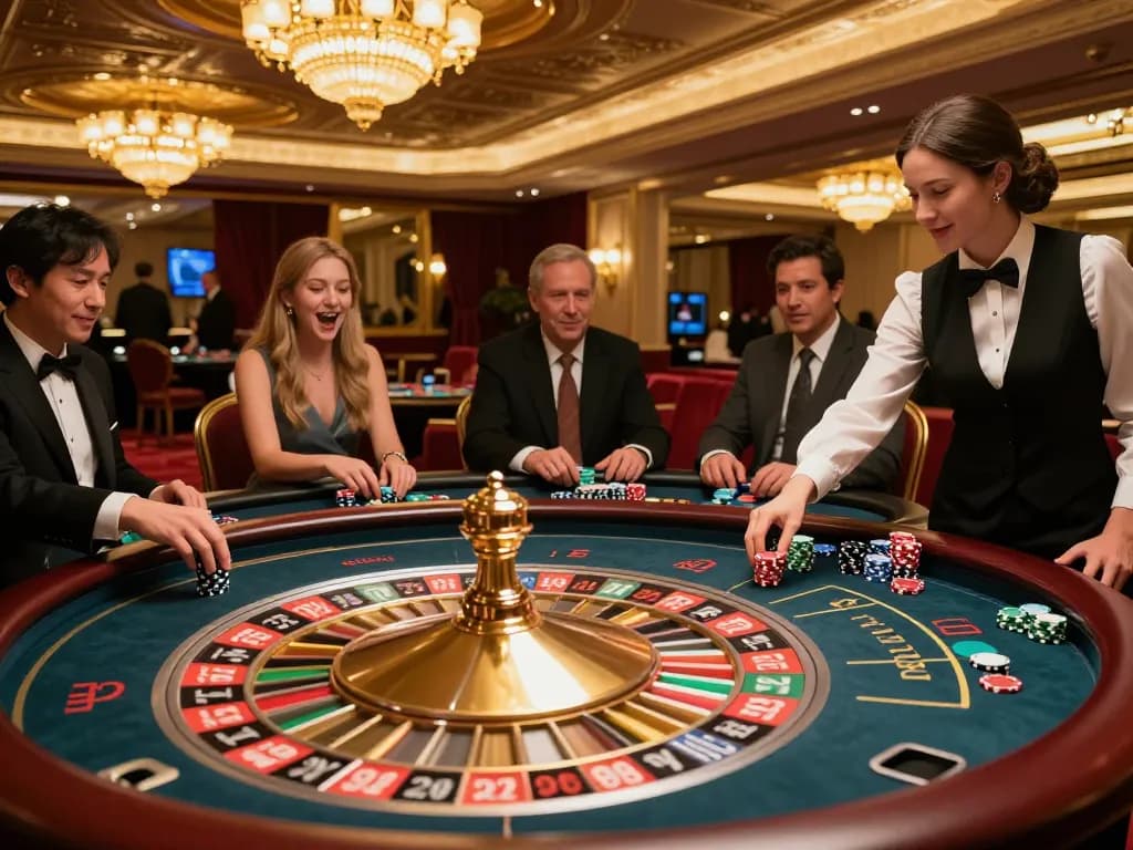 Players enjoy dynamic roulette action at sunwin casino with vibrant chips and excitement.