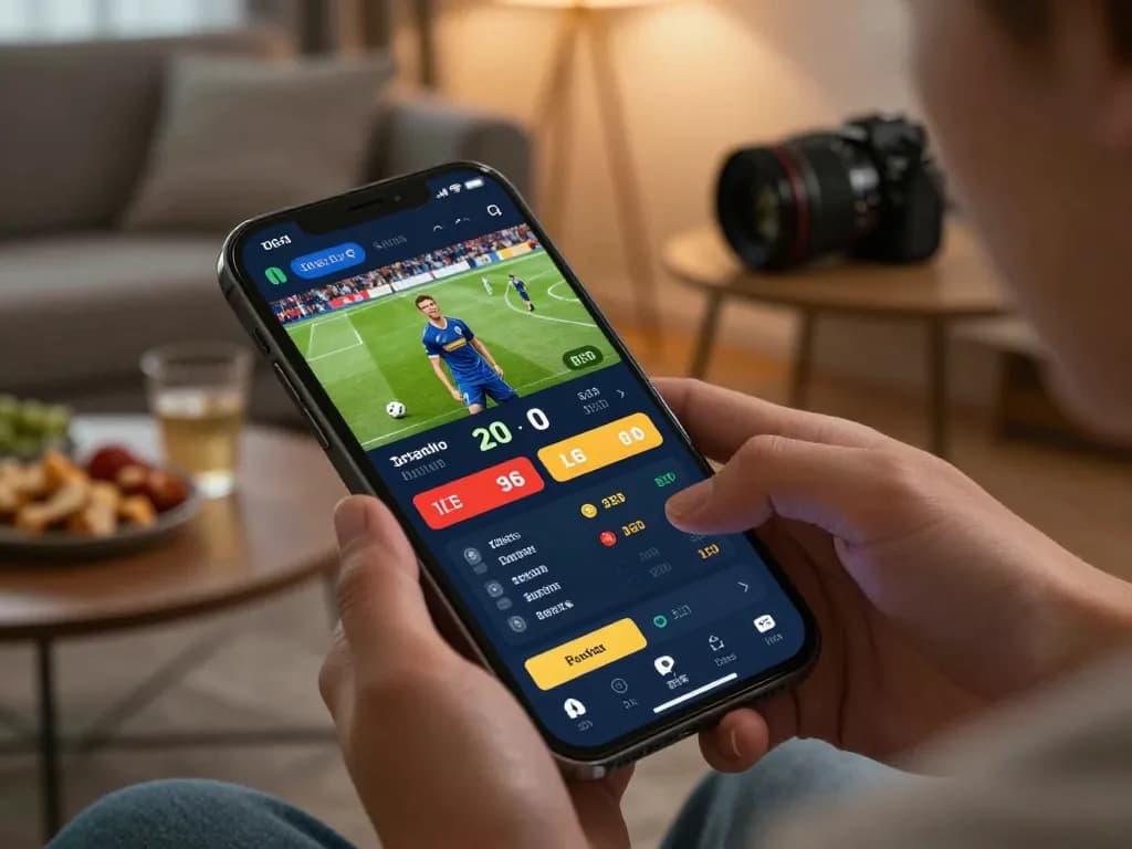 Bsport user engaging in live betting while watching a football match on smartphone, capturing excitement