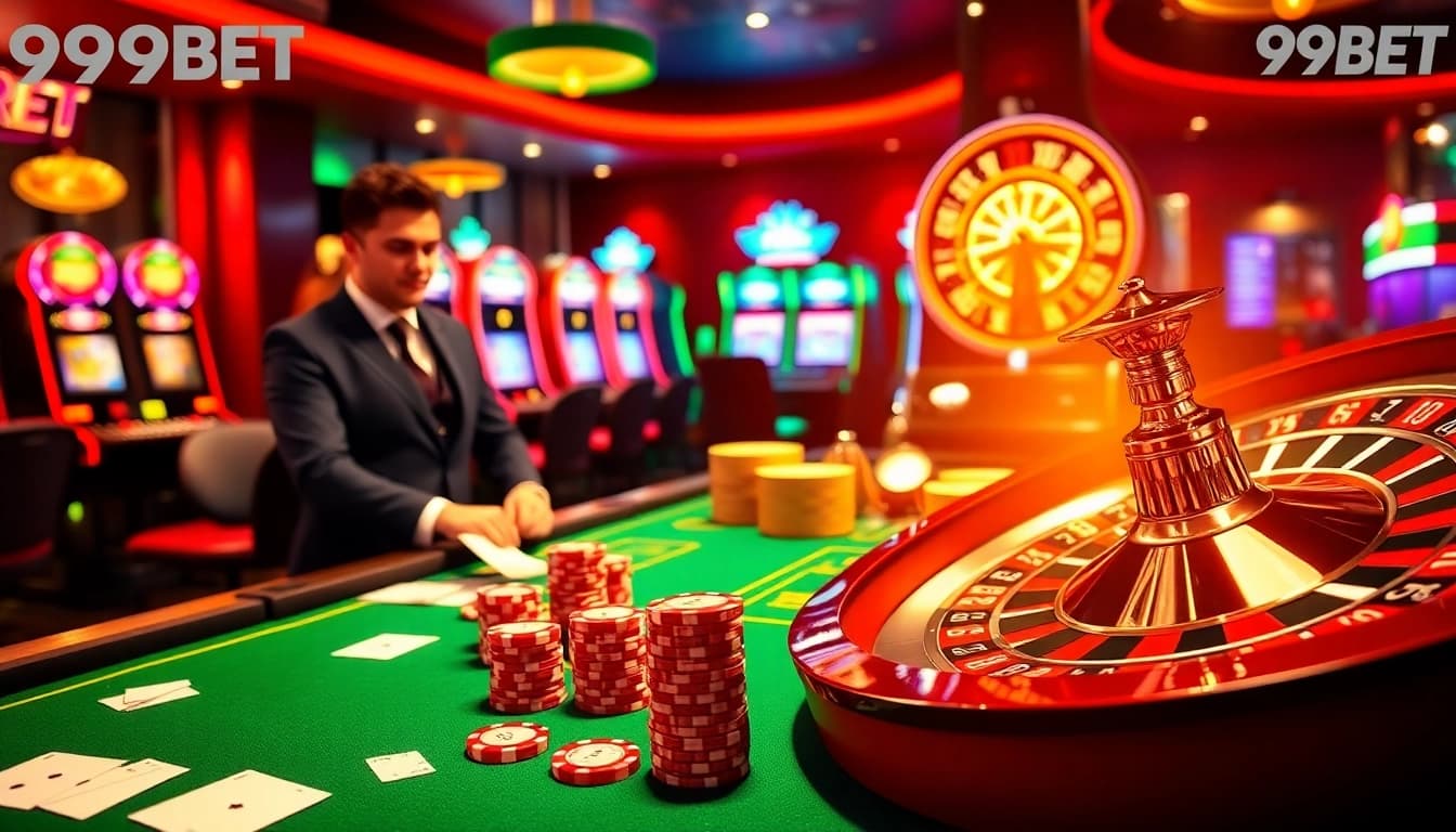 Players enjoying a vibrant casino atmosphere at 999BET with poker chips and slot machines.