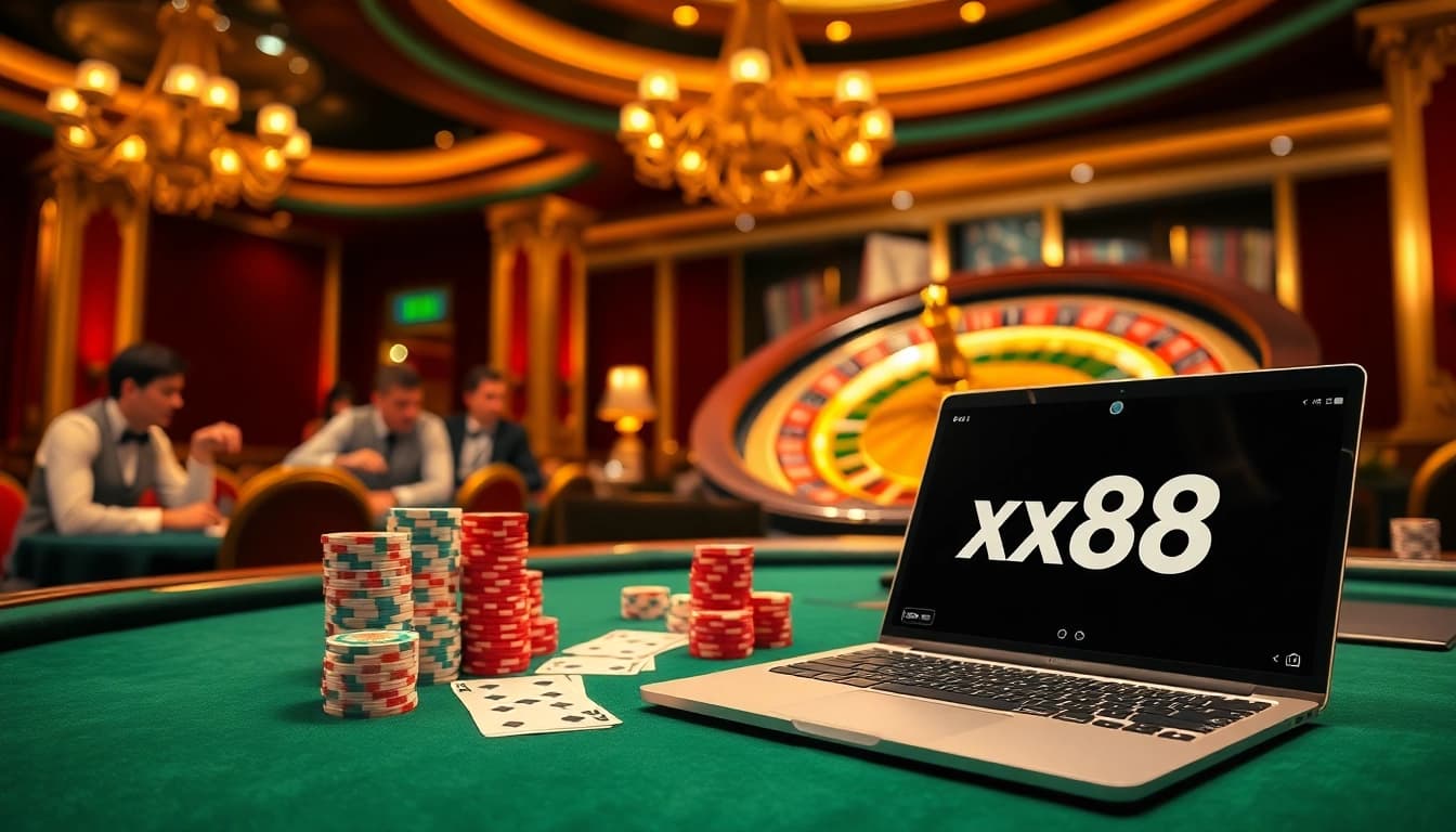 Experience intense gameplay at xx88 with vibrant casino elements like cards and roulette.