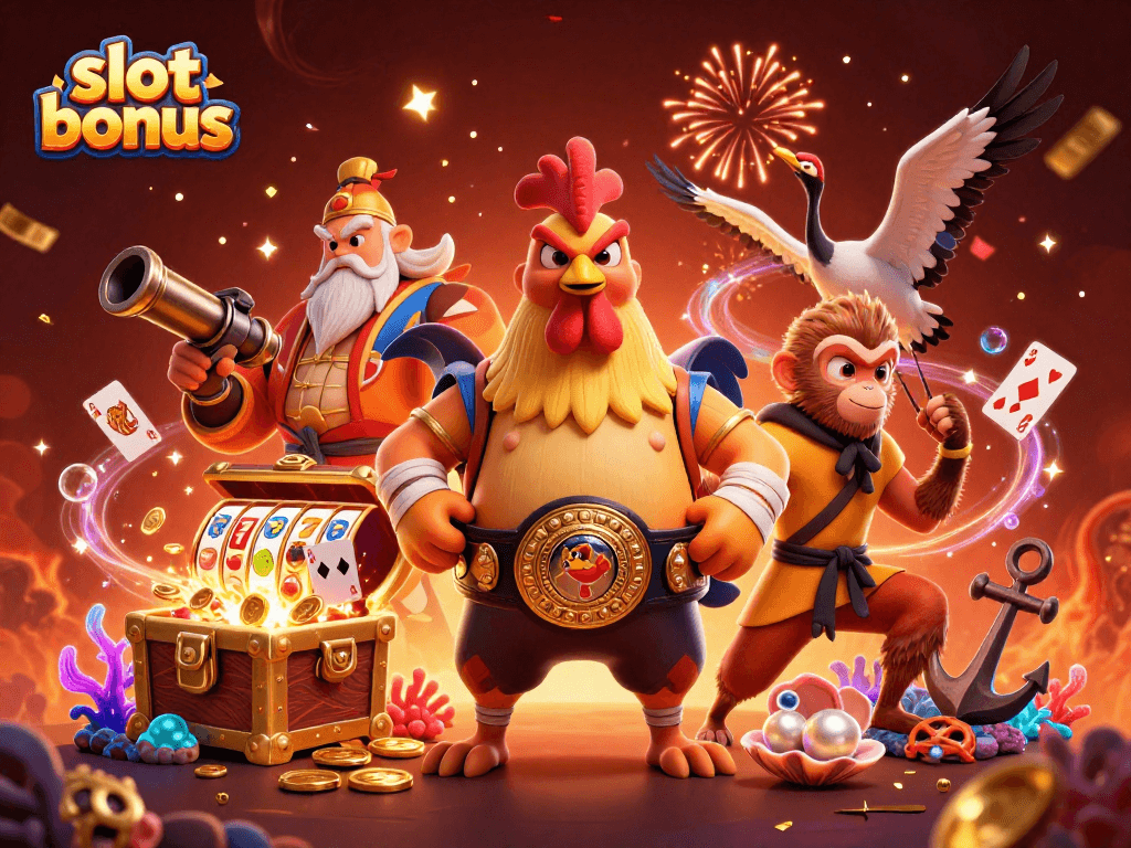 Experience the excitement of slot bonuses with colorful illustrations of classic gaming symbols and lively characters.